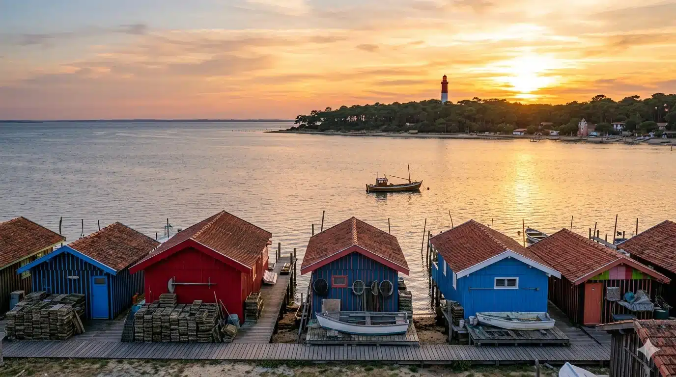 Village ostréicole du Cap Ferret avec phare au coucher du soleil, bassin d'Arcachon