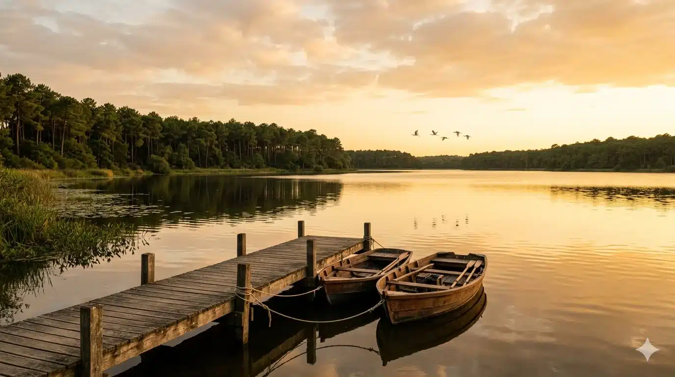 Lac de Soustons et pontons en bois au coucher du soleil, Landes